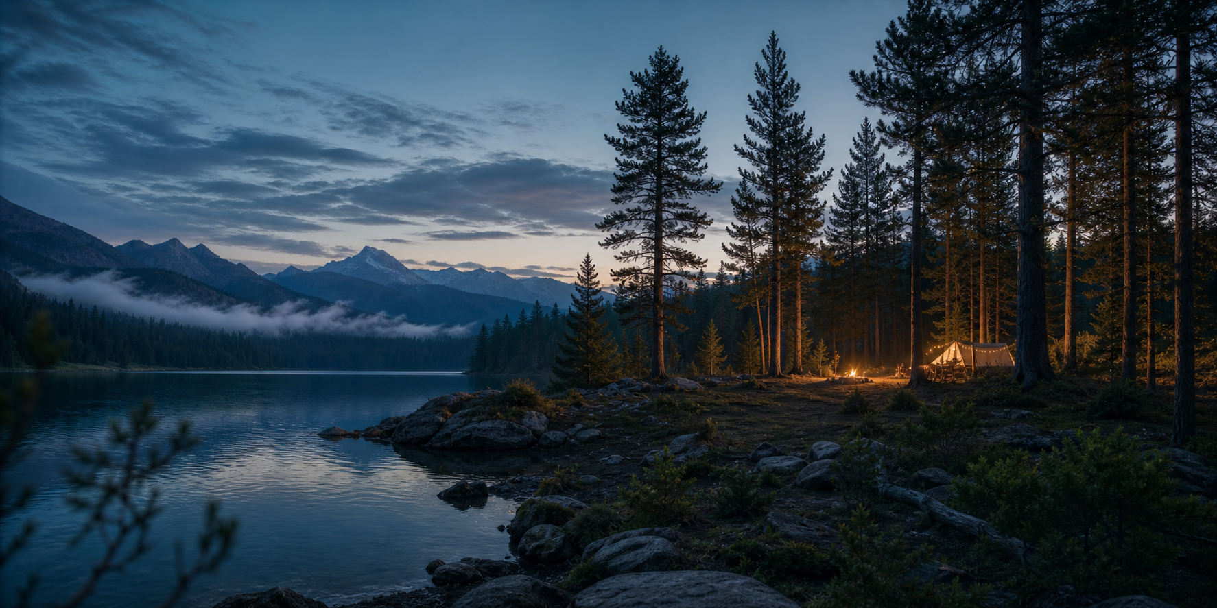 Quiet Canadian lakeside campsite at dusk