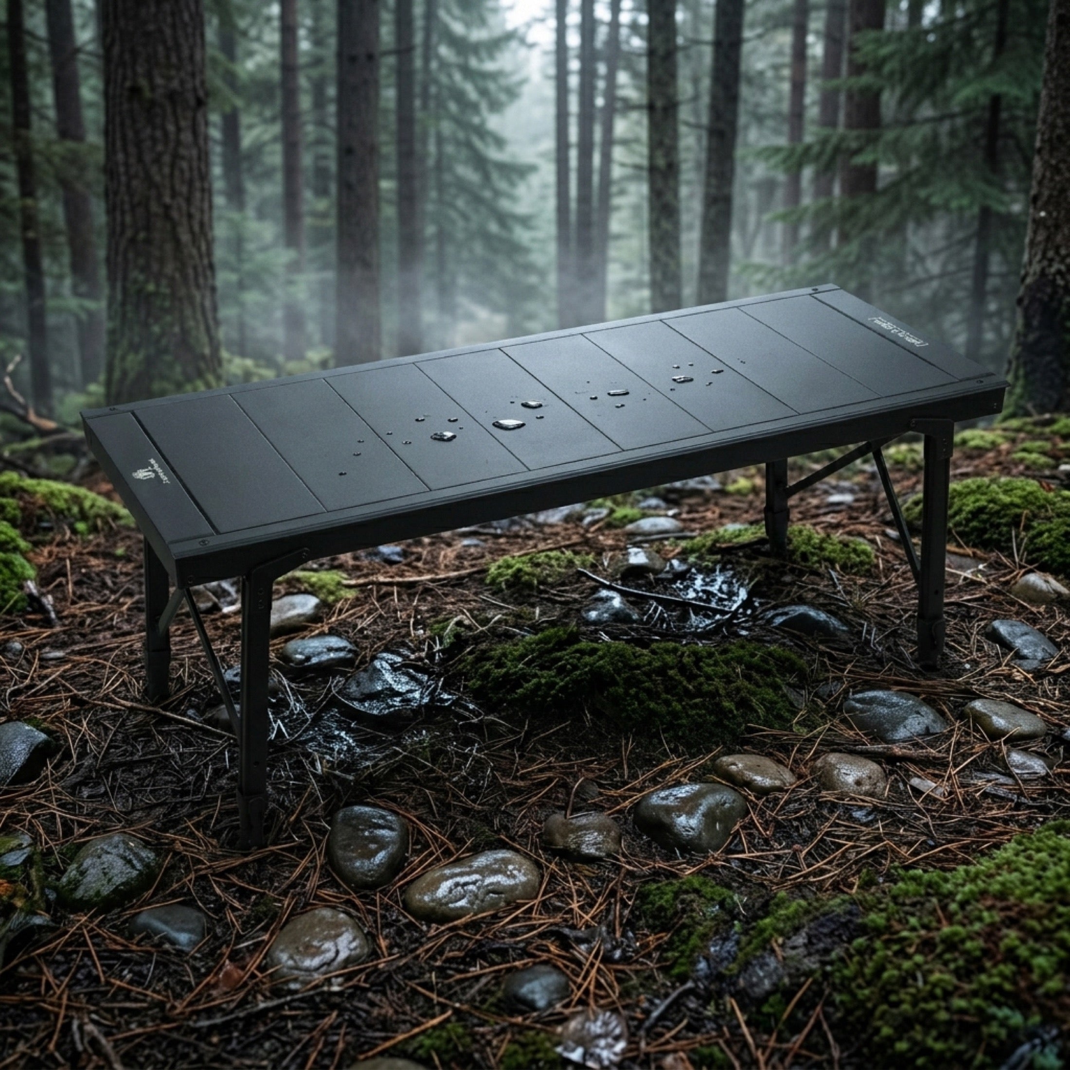 Camping Royale IGT table in a post-rain forest campsite